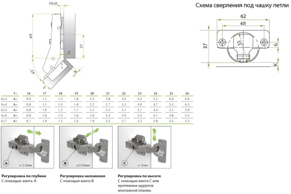 FGV Integra New 45* 2-Way 105* CLIP-ON петля с доводчиком угловая (45/105),  без установ. площадки