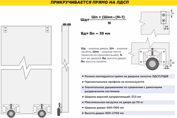 Комплект универсальных роликов, для дверей 16 мм, черный